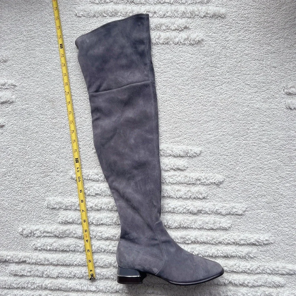 Tory Burch MULTI LOGO STRETCH Over The Knee Boots OTK Gray Suede Low Heel US 7.5